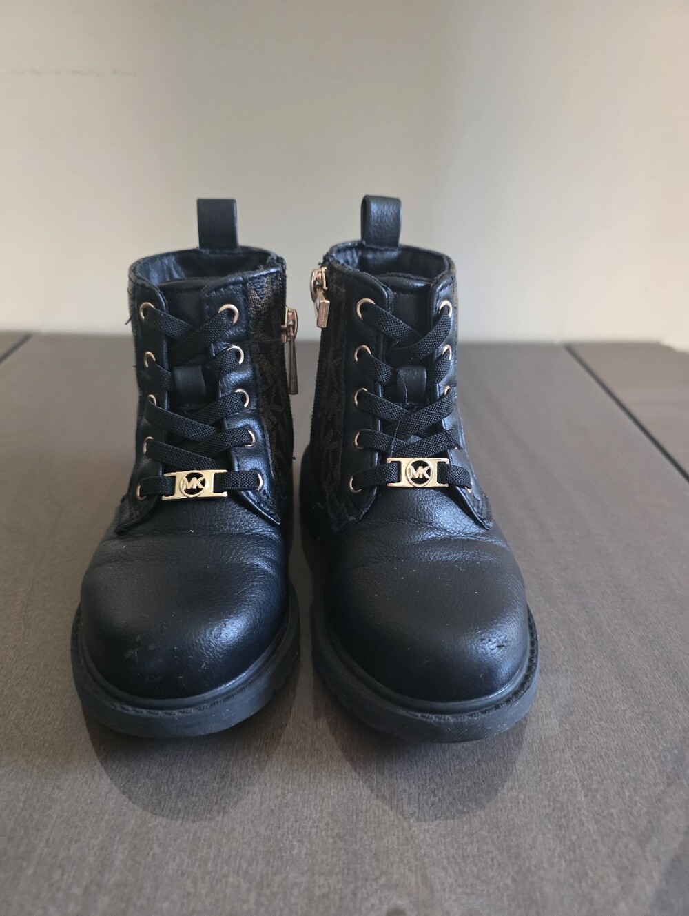 Michael Kors Kids Black Ankle Combat Boots with Gold MK Accent, Size 7